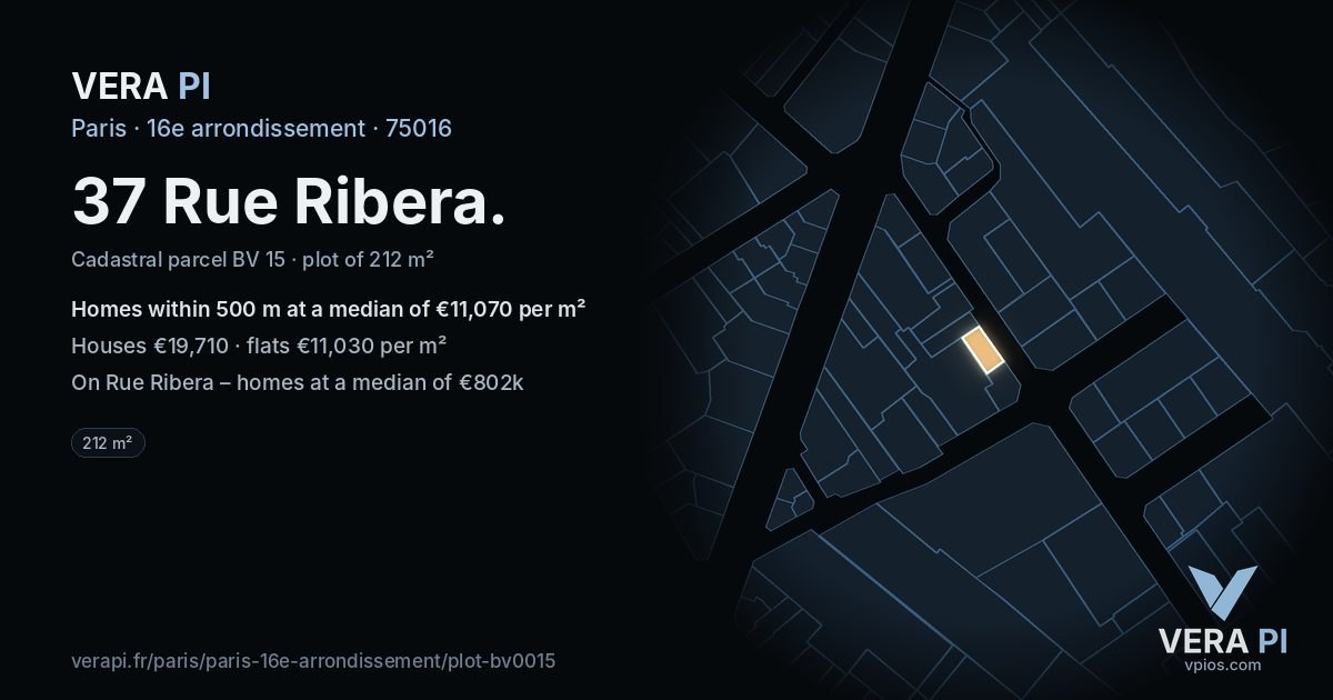 37 Rue Ribera, 16e arrondissement at night – the plot lit, the parcels around coloured by the prices near them