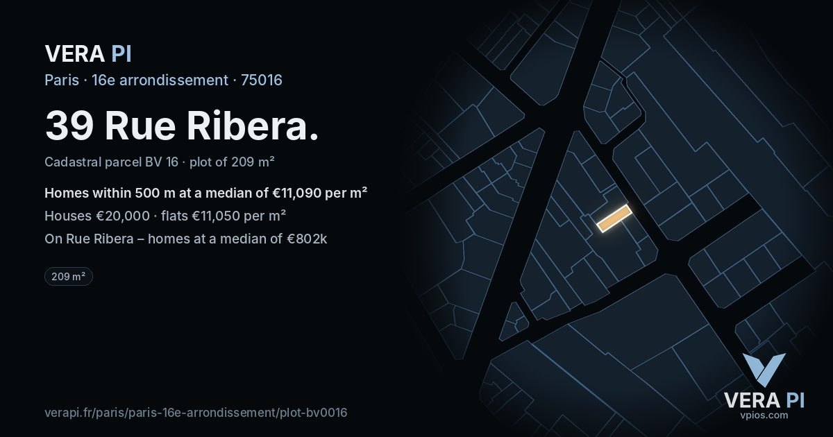 39 Rue Ribera, 16e arrondissement at night – the plot lit, the parcels around coloured by the prices near them