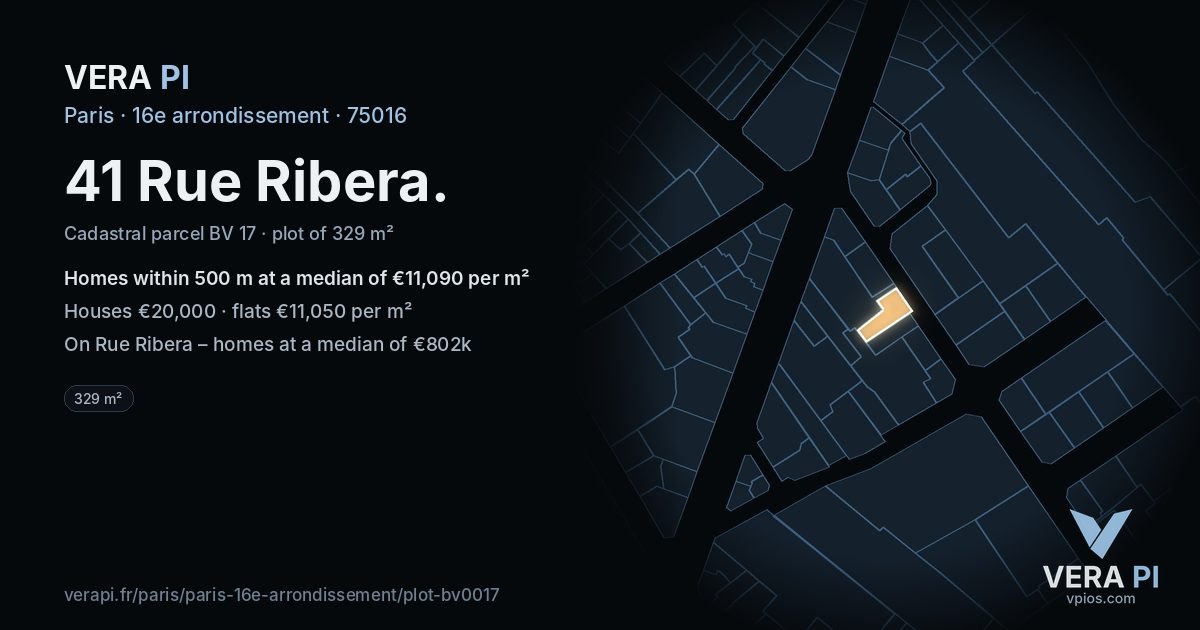 41 Rue Ribera, 16e arrondissement at night – the plot lit, the parcels around coloured by the prices near them