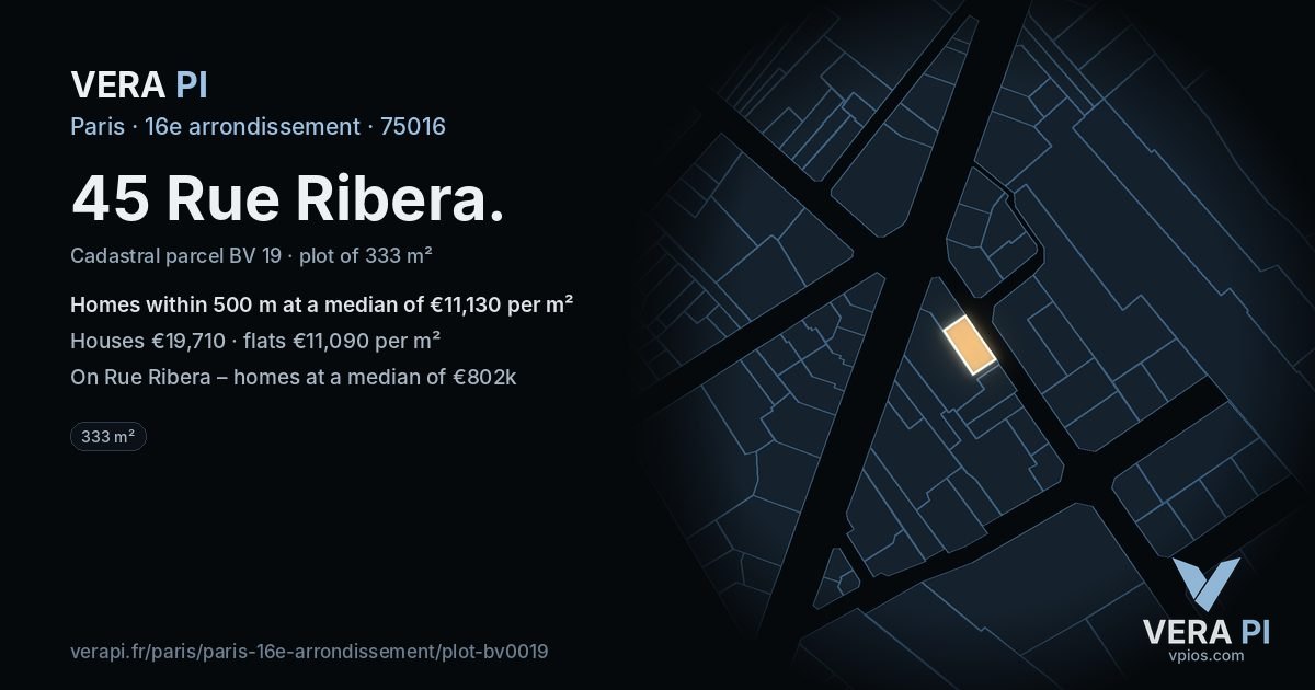 45 Rue Ribera, 16e arrondissement at night – the plot lit, the parcels around coloured by the prices near them
