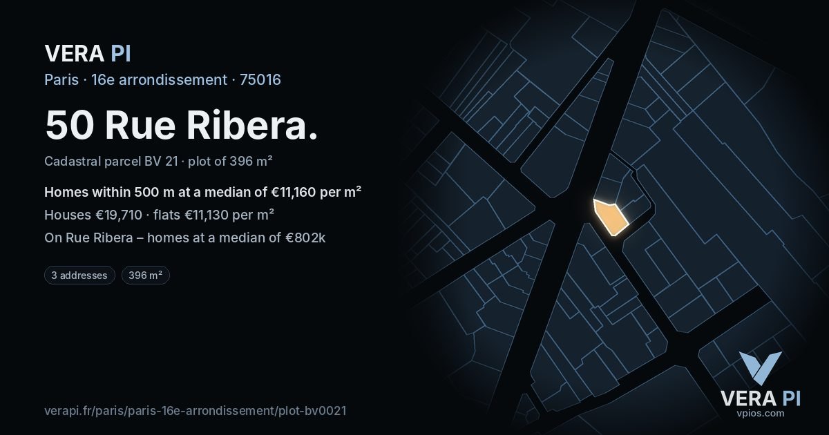 50 Rue Ribera, 16e arrondissement at night – the plot lit, the parcels around coloured by the prices near them