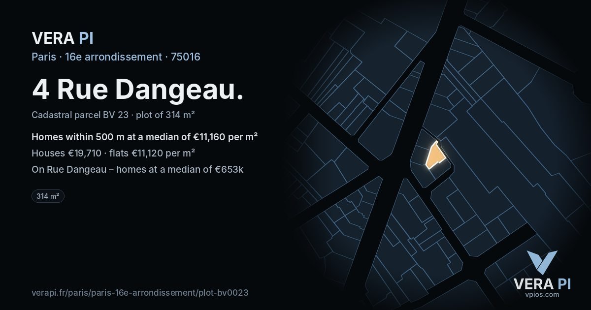 4 Rue Dangeau, 16e arrondissement at night – the plot lit, the parcels around coloured by the prices near them