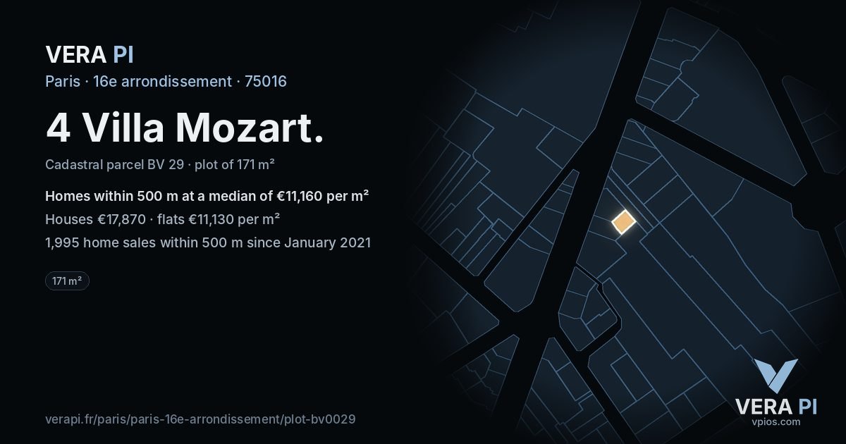 4 Villa Mozart, 16e arrondissement at night – the plot lit, the parcels around coloured by the prices near them