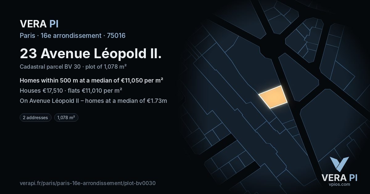 23 Avenue Léopold II, 16e arrondissement at night – the plot lit, the parcels around coloured by the prices near them