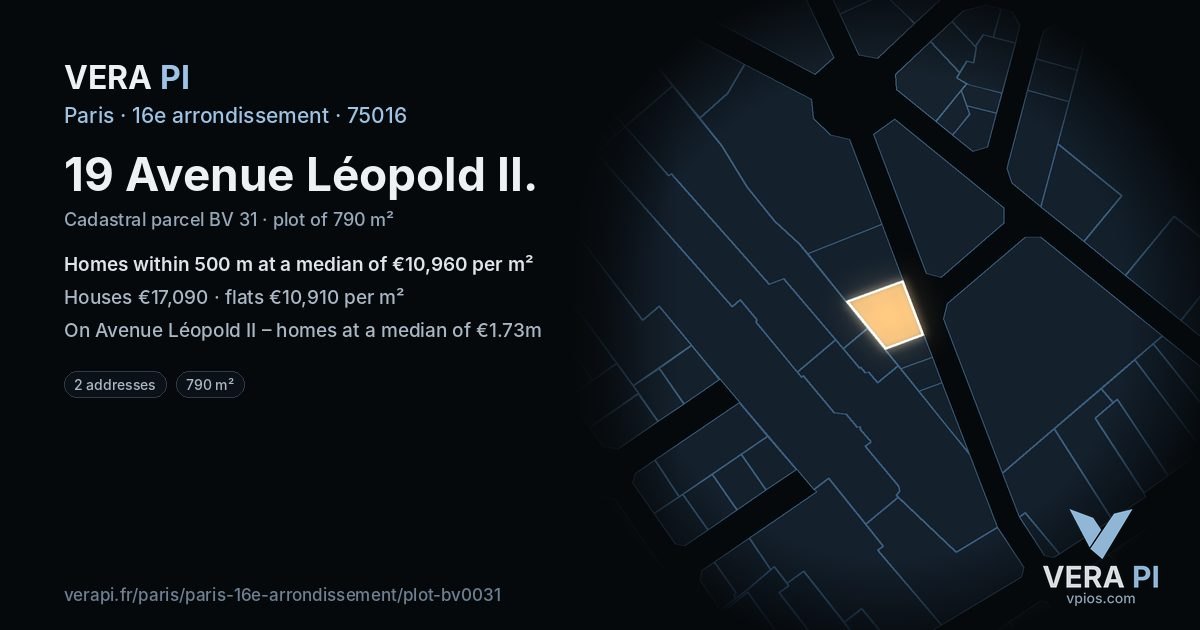 19 Avenue Léopold II, 16e arrondissement at night – the plot lit, the parcels around coloured by the prices near them