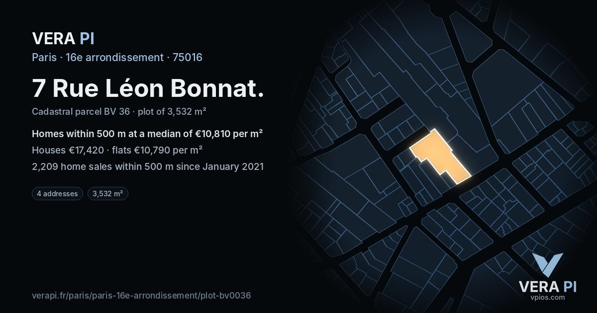 7 Rue Léon Bonnat, 16e arrondissement at night – the plot lit, the parcels around coloured by the prices near them