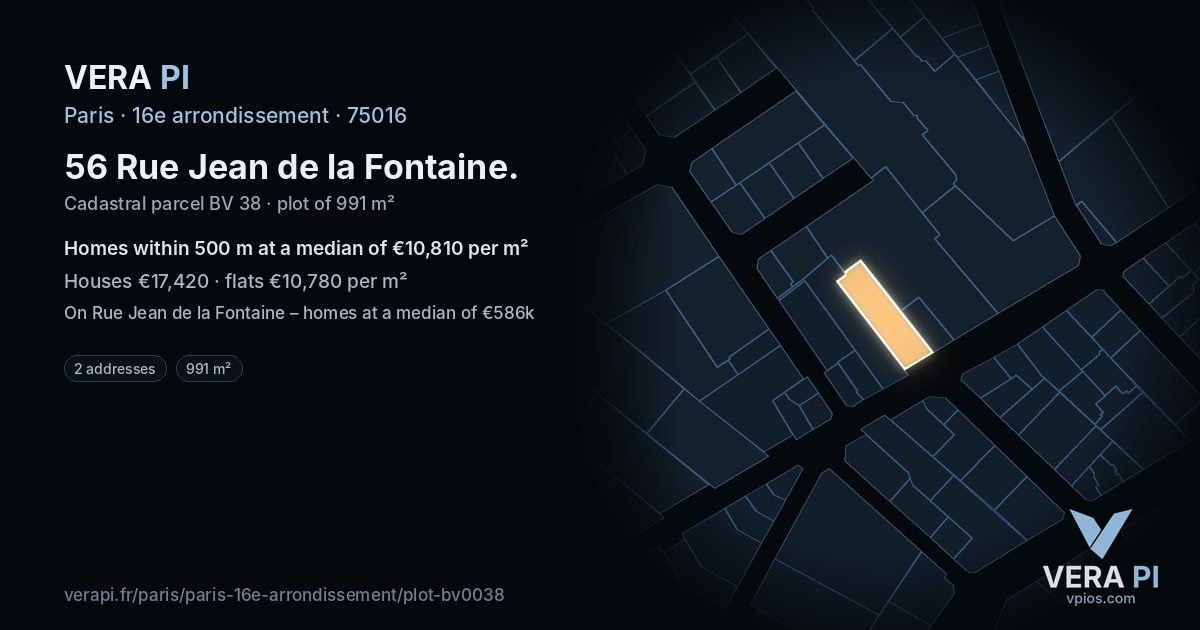 56 Rue Jean de la Fontaine, 16e arrondissement at night – the plot lit, the parcels around coloured by the prices near them