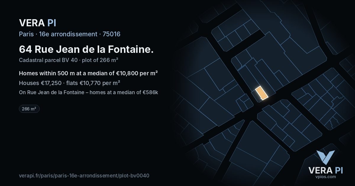 64 Rue Jean de la Fontaine, 16e arrondissement at night – the plot lit, the parcels around coloured by the prices near them