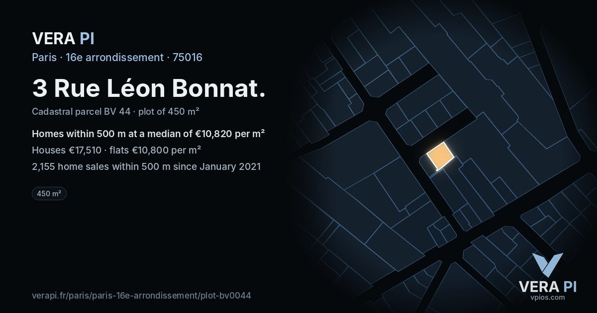 3 Rue Léon Bonnat, 16e arrondissement at night – the plot lit, the parcels around coloured by the prices near them