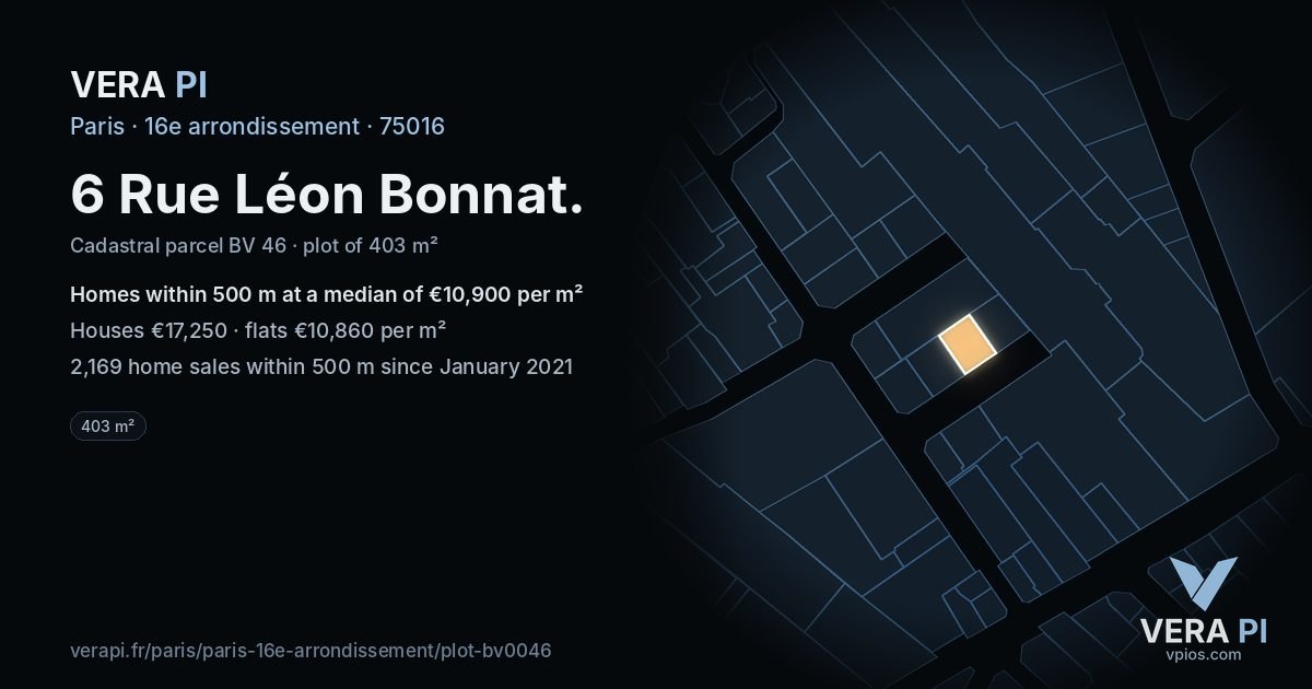 6 Rue Léon Bonnat, 16e arrondissement at night – the plot lit, the parcels around coloured by the prices near them