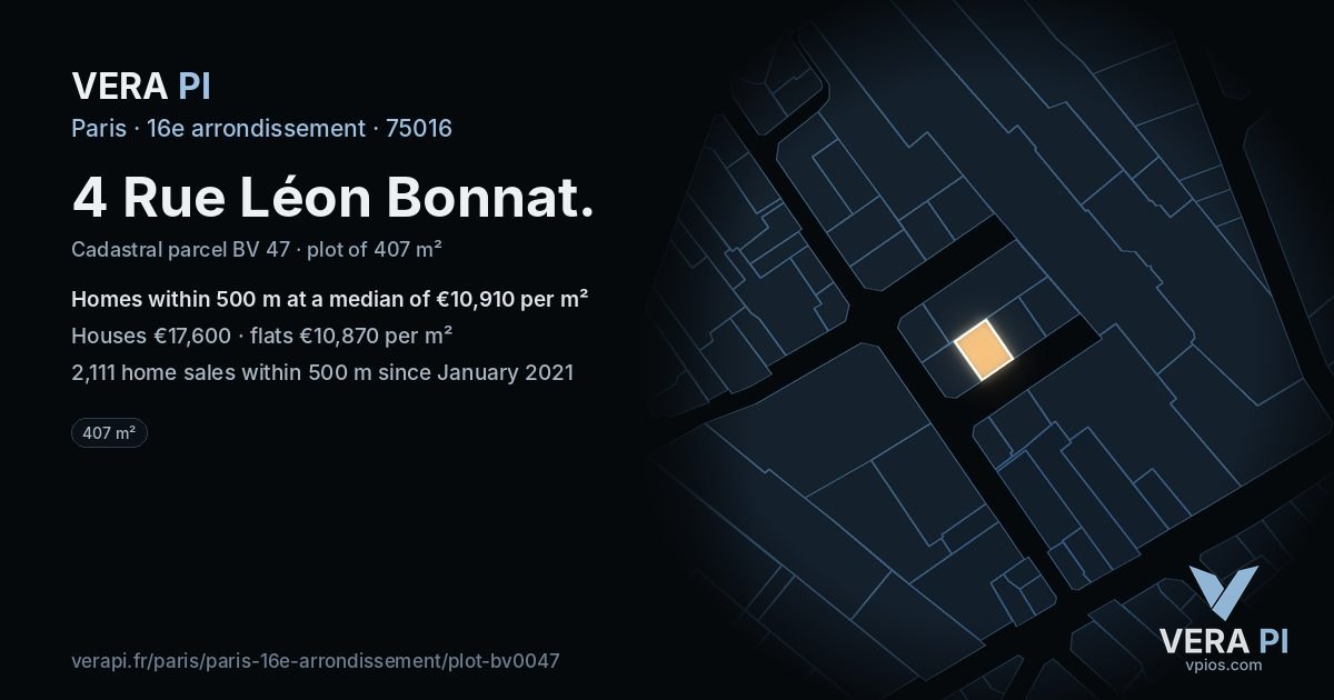 4 Rue Léon Bonnat, 16e arrondissement at night – the plot lit, the parcels around coloured by the prices near them