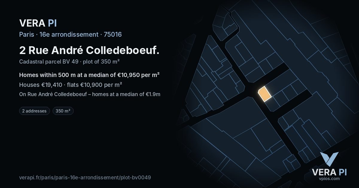 2 Rue André Colledeboeuf, 16e arrondissement at night – the plot lit, the parcels around coloured by the prices near them