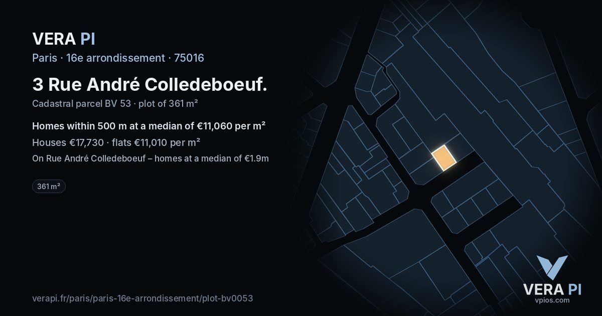 3 Rue André Colledeboeuf, 16e arrondissement at night – the plot lit, the parcels around coloured by the prices near them