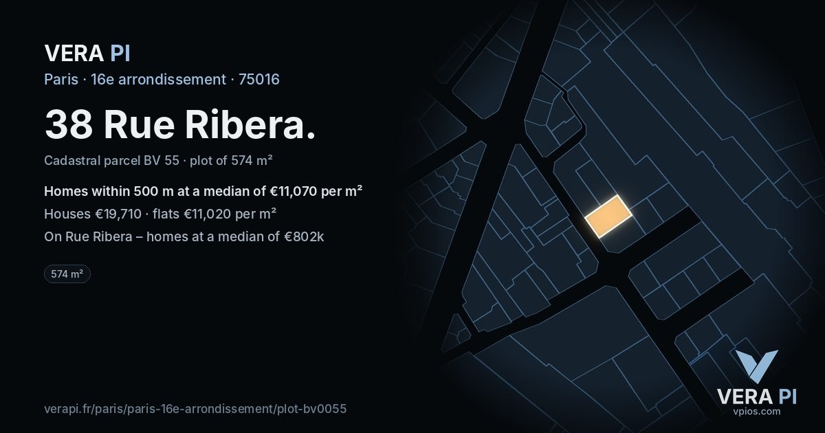 38 Rue Ribera, 16e arrondissement at night – the plot lit, the parcels around coloured by the prices near them