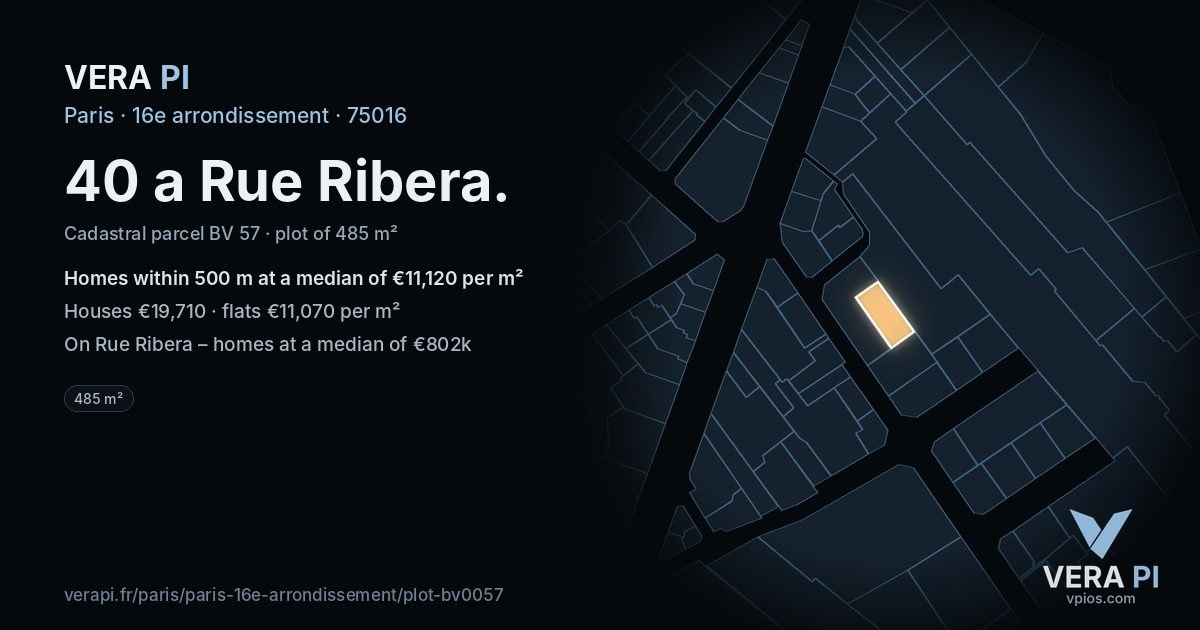 40 a Rue Ribera, 16e arrondissement at night – the plot lit, the parcels around coloured by the prices near them