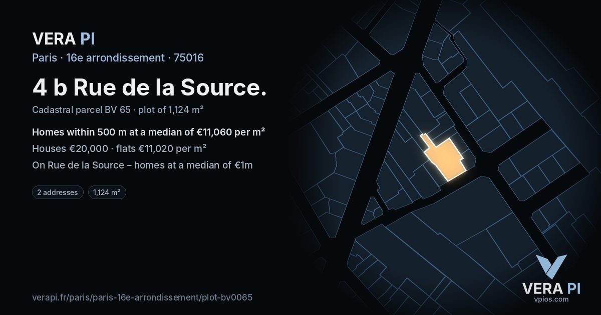 4 b Rue de la Source, 16e arrondissement at night – the plot lit, the parcels around coloured by the prices near them