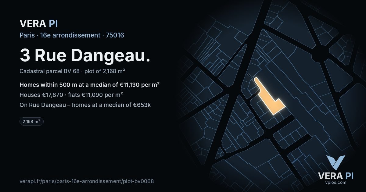 3 Rue Dangeau, 16e arrondissement at night – the plot lit, the parcels around coloured by the prices near them