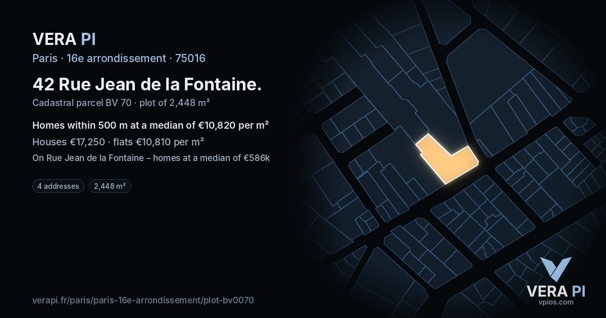 42 Rue Jean de la Fontaine, 16e arrondissement at night – the plot lit, the parcels around coloured by the prices near them