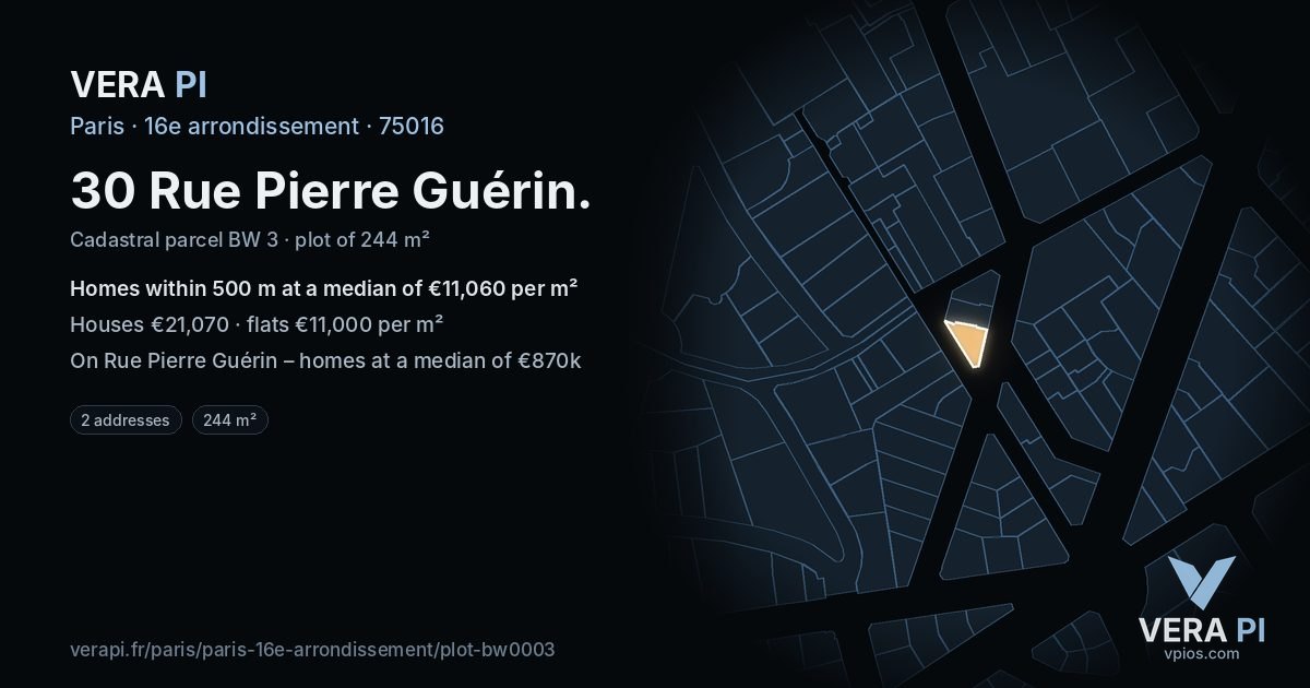 30 Rue Pierre Guérin, 16e arrondissement at night – the plot lit, the parcels around coloured by the prices near them