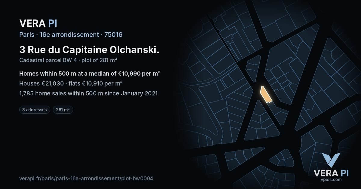 3 Rue du Capitaine Olchanski, 16e arrondissement at night – the plot lit, the parcels around coloured by the prices near them