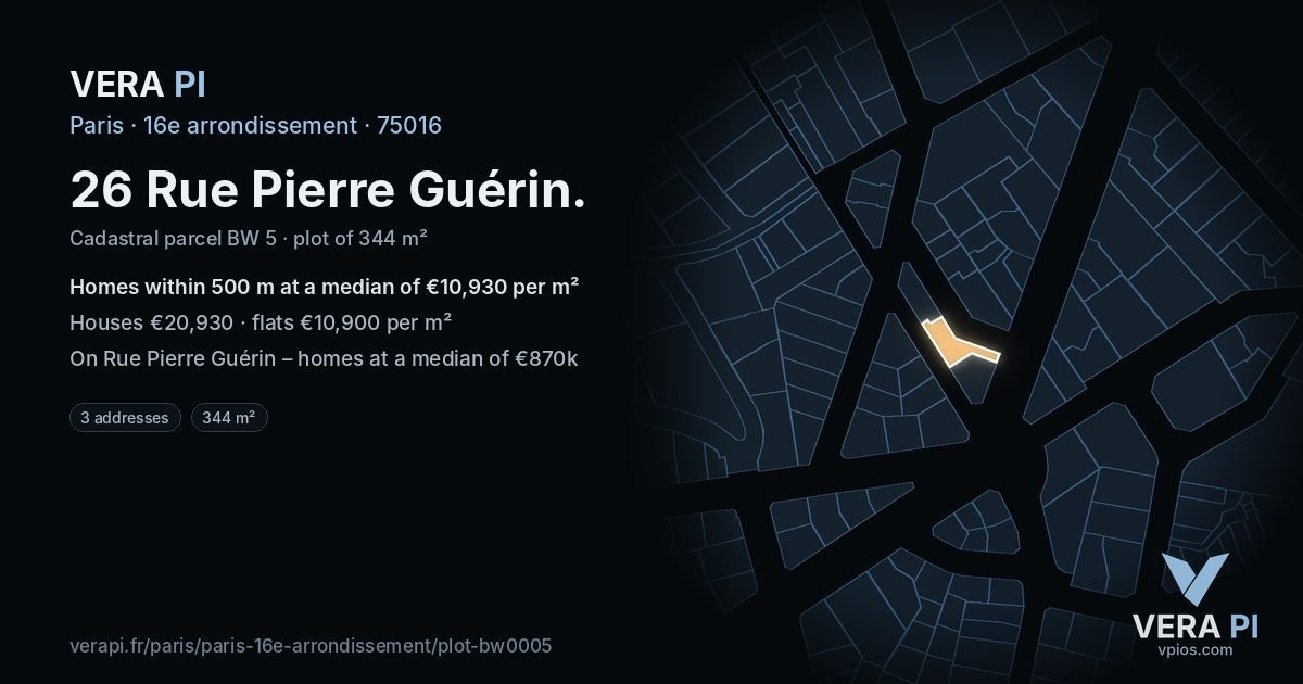 26 Rue Pierre Guérin, 16e arrondissement at night – the plot lit, the parcels around coloured by the prices near them
