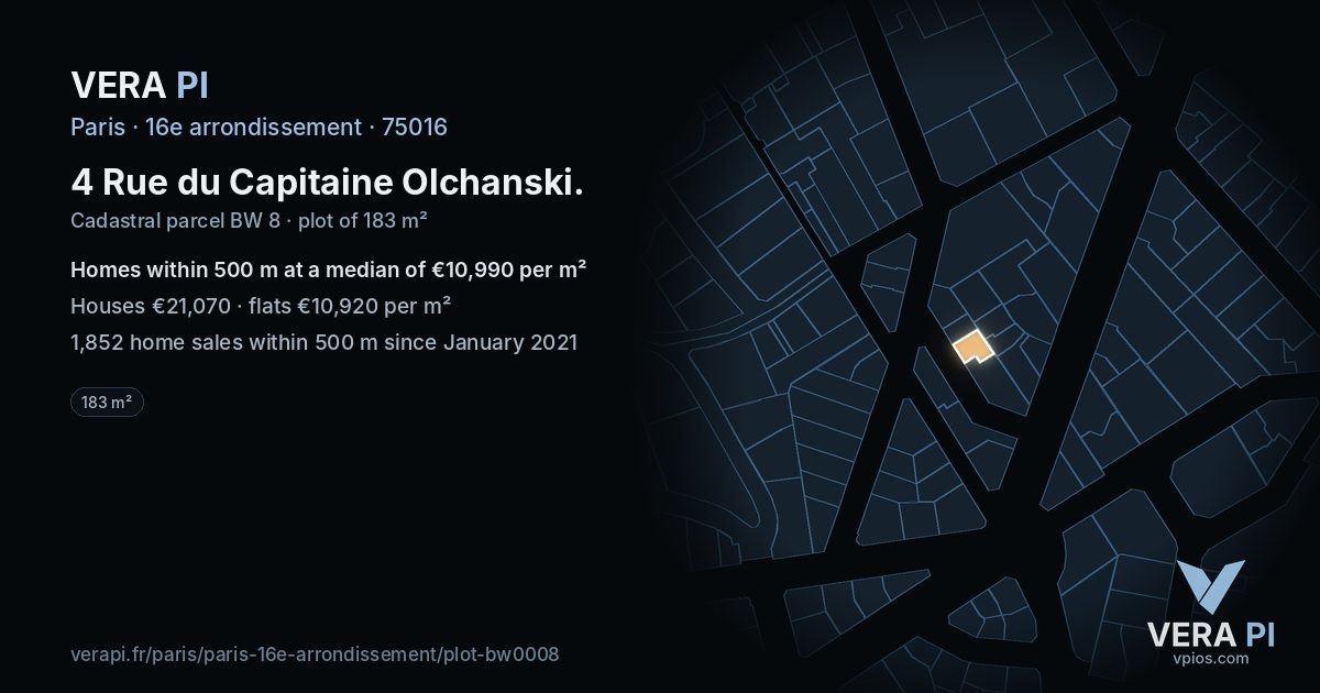 4 Rue du Capitaine Olchanski, 16e arrondissement at night – the plot lit, the parcels around coloured by the prices near them