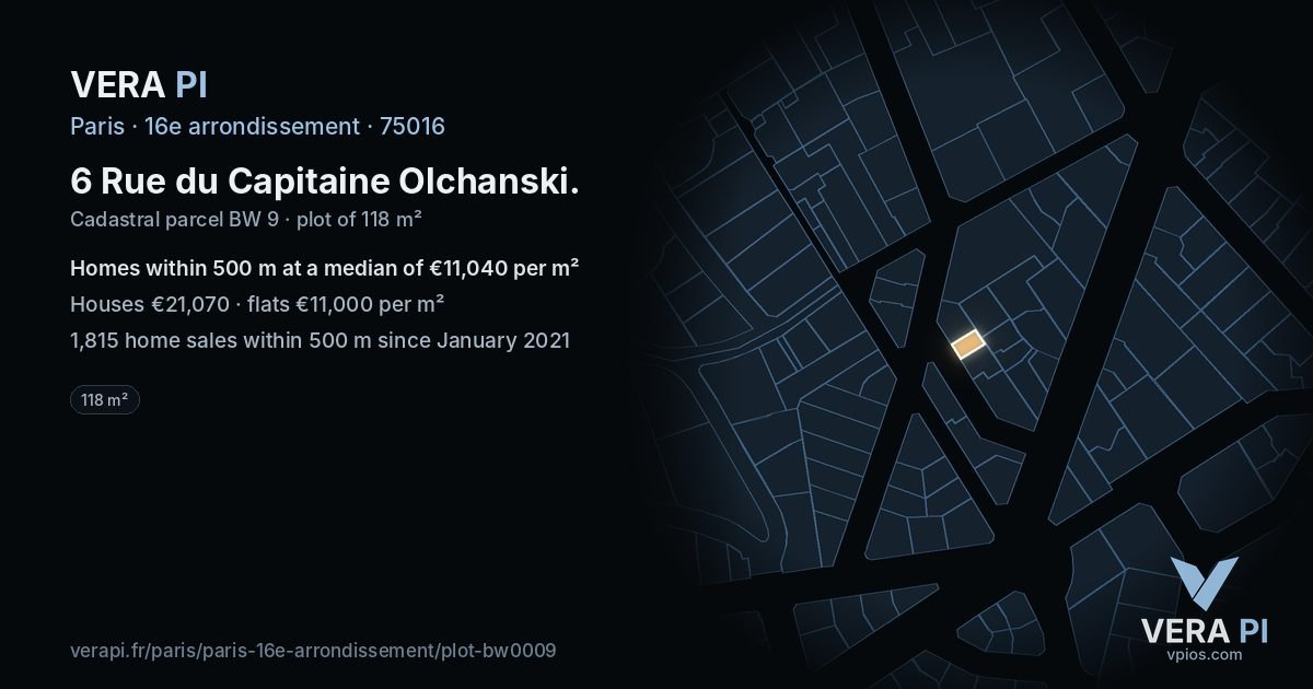 6 Rue du Capitaine Olchanski, 16e arrondissement at night – the plot lit, the parcels around coloured by the prices near them