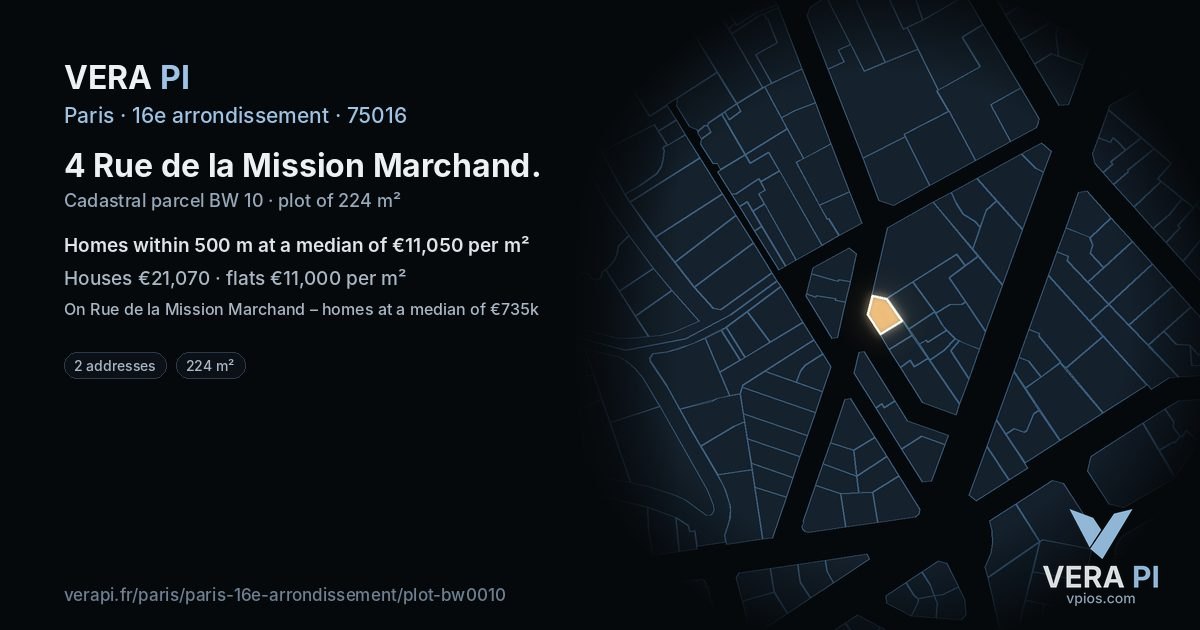 4 Rue de la Mission Marchand, 16e arrondissement at night – the plot lit, the parcels around coloured by the prices near them
