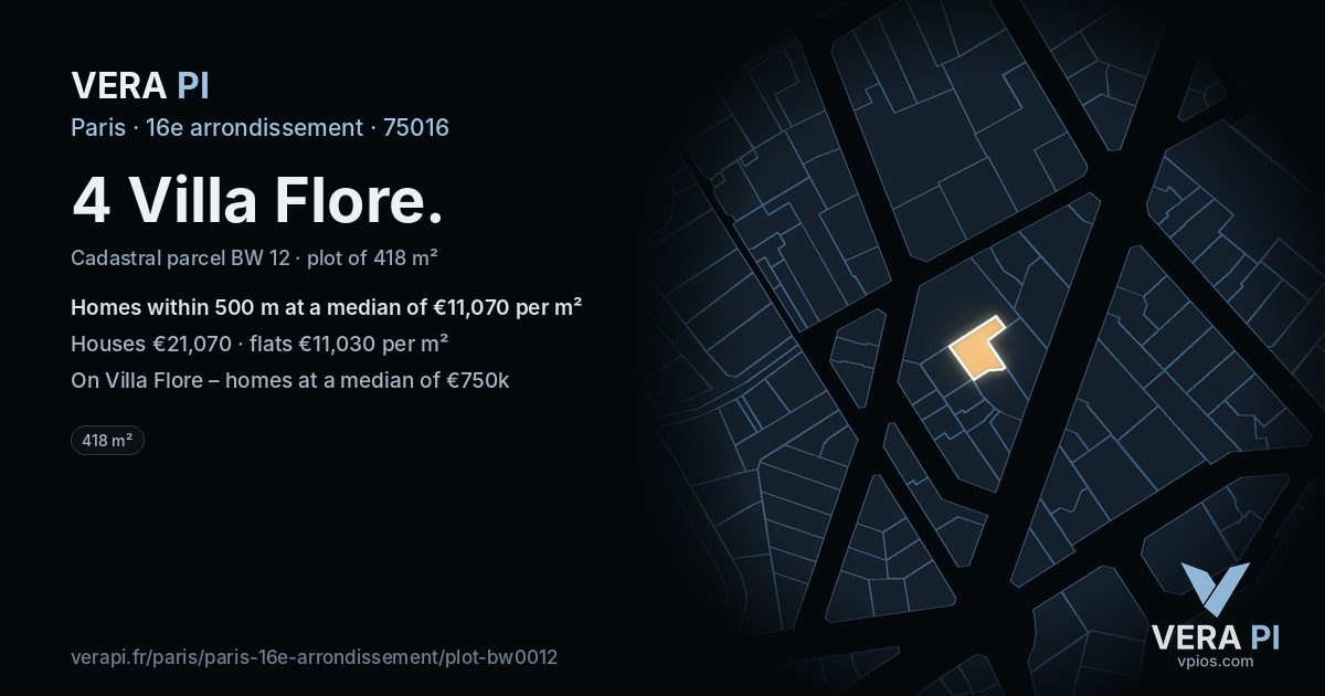 4 Villa Flore, 16e arrondissement at night – the plot lit, the parcels around coloured by the prices near them