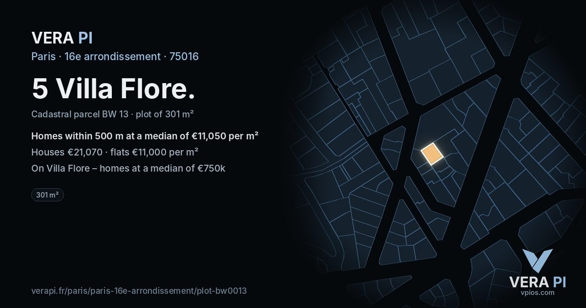 5 Villa Flore, 16e arrondissement at night – the plot lit, the parcels around coloured by the prices near them