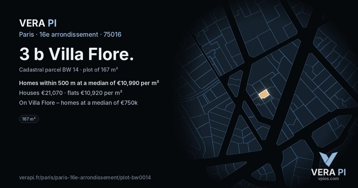 3 b Villa Flore, 16e arrondissement at night – the plot lit, the parcels around coloured by the prices near them