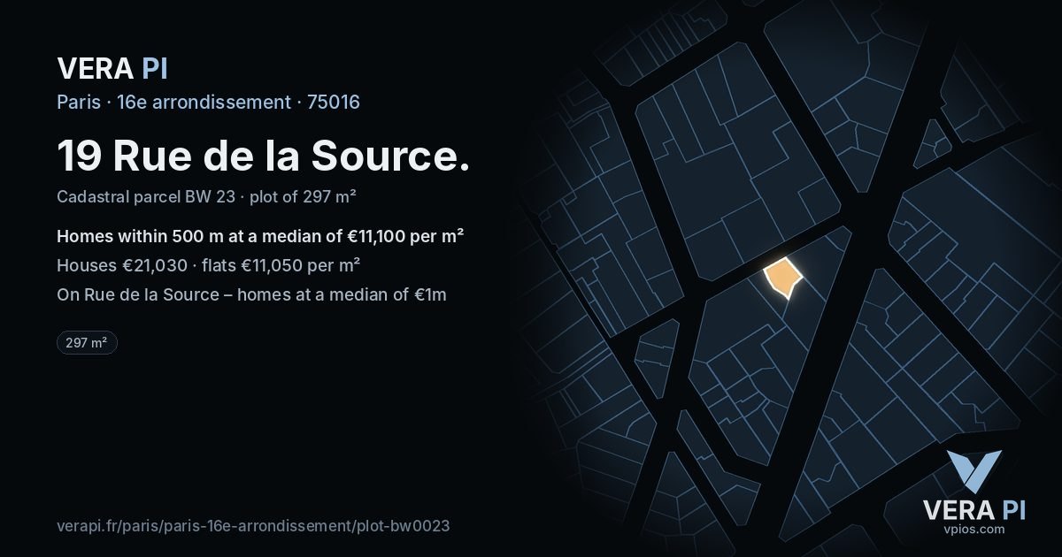 19 Rue de la Source, 16e arrondissement at night – the plot lit, the parcels around coloured by the prices near them