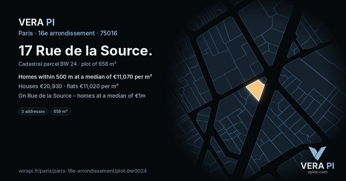 17 Rue de la Source, 16e arrondissement at night – the plot lit, the parcels around coloured by the prices near them