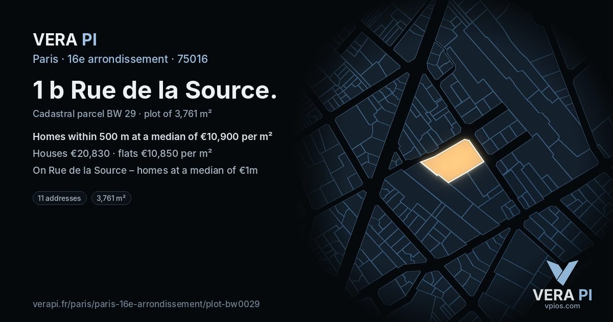 1 b Rue de la Source, 16e arrondissement at night – the plot lit, the parcels around coloured by the prices near them