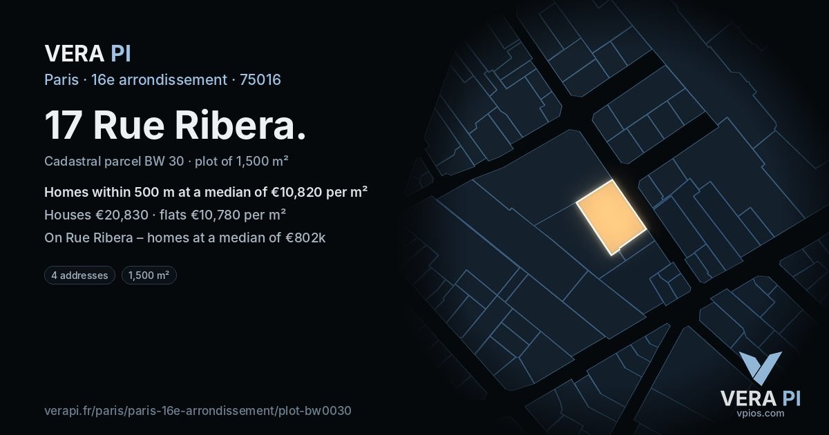 17 Rue Ribera, 16e arrondissement at night – the plot lit, the parcels around coloured by the prices near them