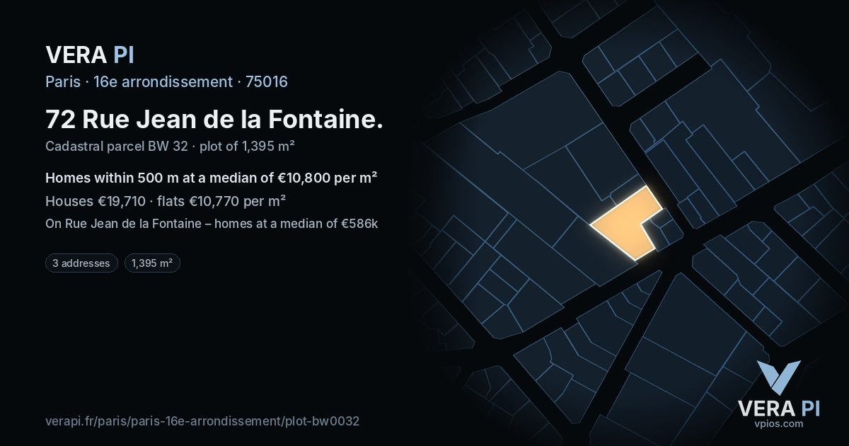 72 Rue Jean de la Fontaine, 16e arrondissement at night – the plot lit, the parcels around coloured by the prices near them