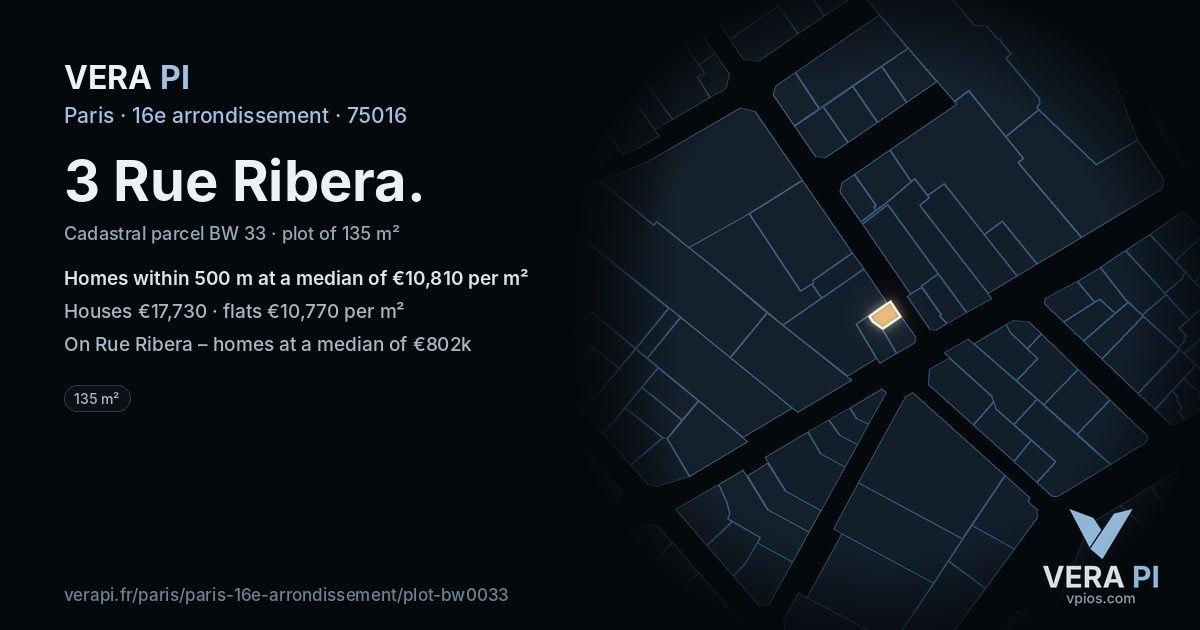 3 Rue Ribera, 16e arrondissement at night – the plot lit, the parcels around coloured by the prices near them