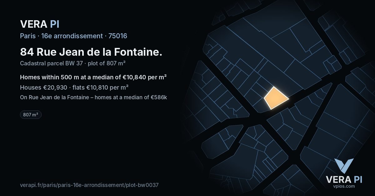 84 Rue Jean de la Fontaine, 16e arrondissement at night – the plot lit, the parcels around coloured by the prices near them