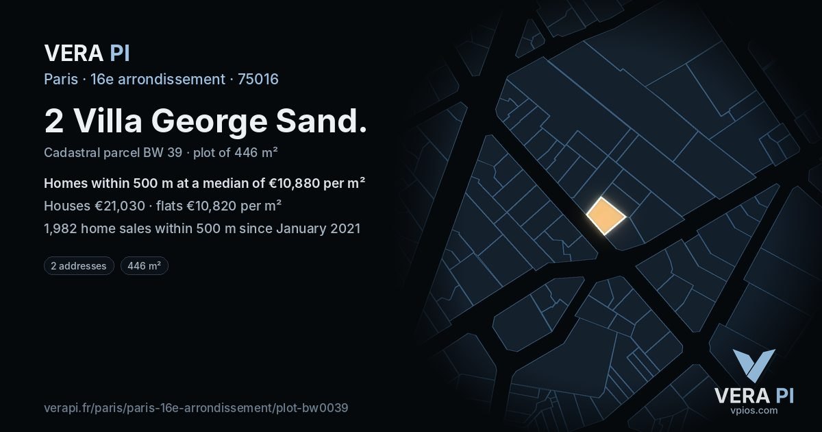 2 Villa George Sand, 16e arrondissement at night – the plot lit, the parcels around coloured by the prices near them