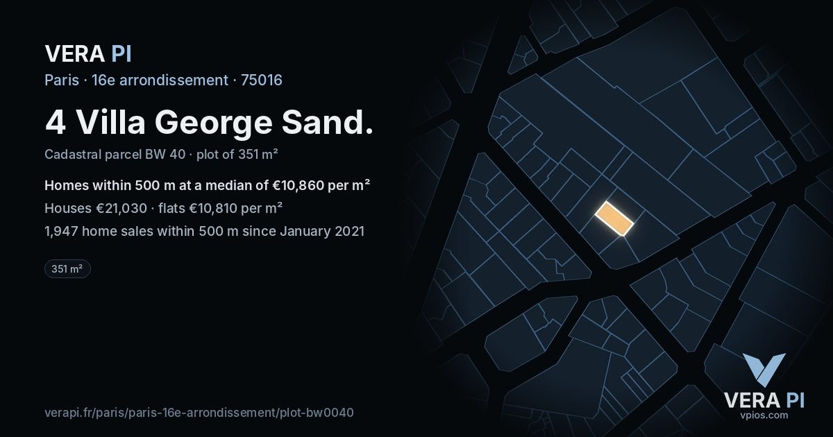 4 Villa George Sand, 16e arrondissement at night – the plot lit, the parcels around coloured by the prices near them