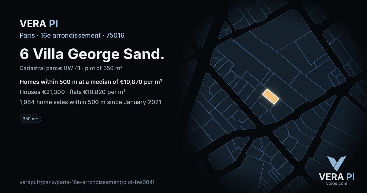 6 Villa George Sand, 16e arrondissement at night – the plot lit, the parcels around coloured by the prices near them