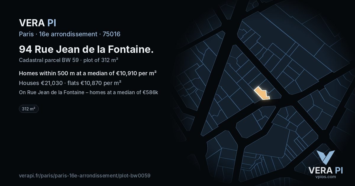 94 Rue Jean de la Fontaine, 16e arrondissement at night – the plot lit, the parcels around coloured by the prices near them