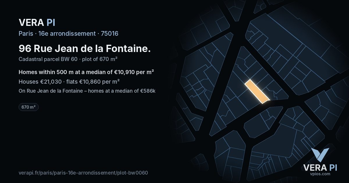 96 Rue Jean de la Fontaine, 16e arrondissement at night – the plot lit, the parcels around coloured by the prices near them