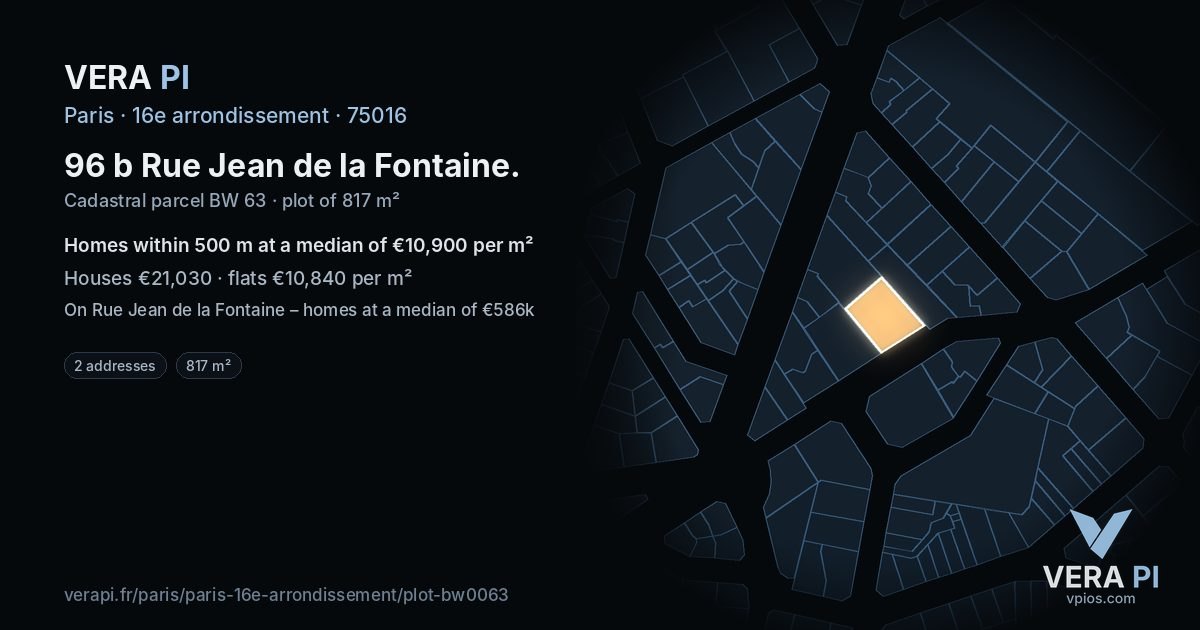 96 b Rue Jean de la Fontaine, 16e arrondissement at night – the plot lit, the parcels around coloured by the prices near them