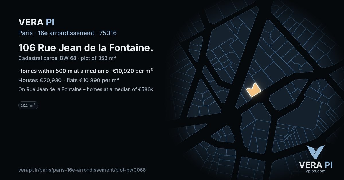 106 Rue Jean de la Fontaine, 16e arrondissement at night – the plot lit, the parcels around coloured by the prices near them