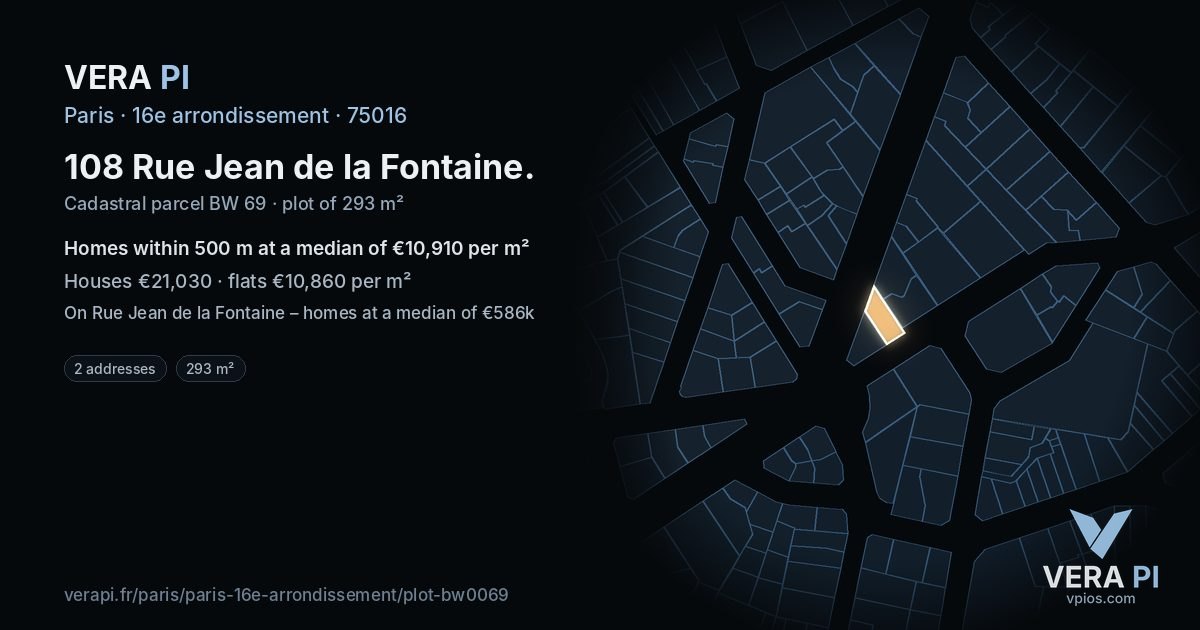 108 Rue Jean de la Fontaine, 16e arrondissement at night – the plot lit, the parcels around coloured by the prices near them