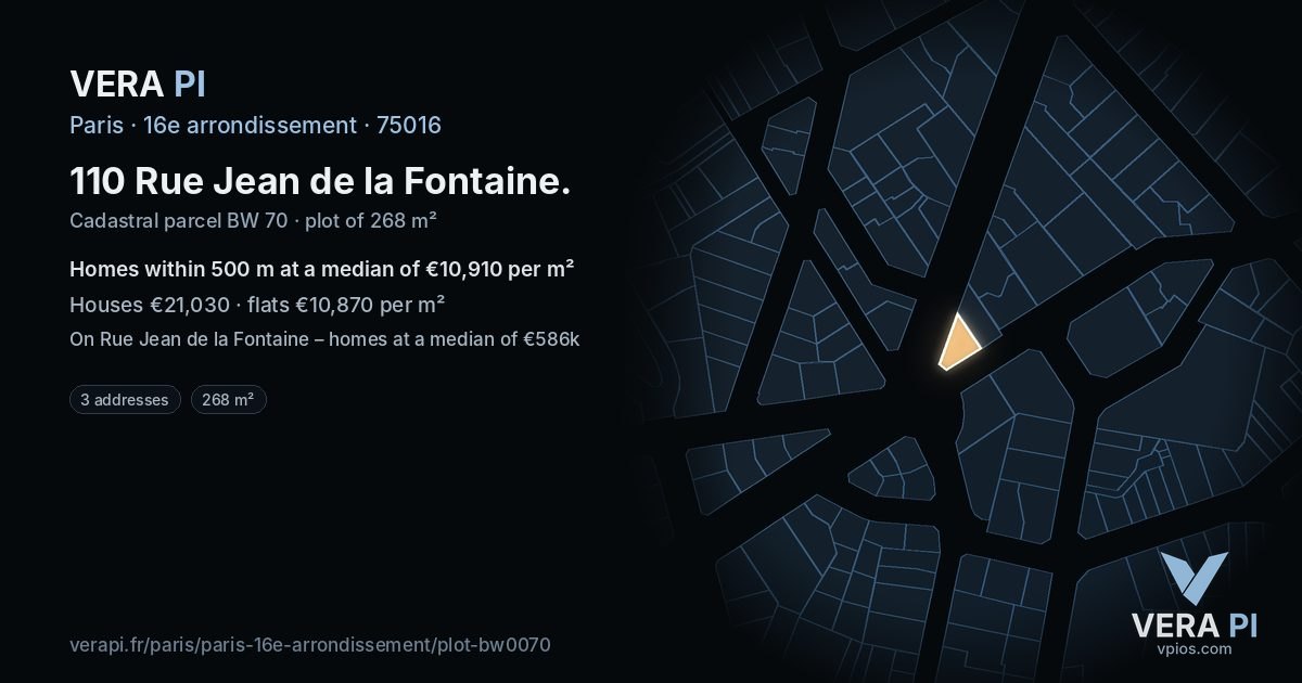 110 Rue Jean de la Fontaine, 16e arrondissement at night – the plot lit, the parcels around coloured by the prices near them