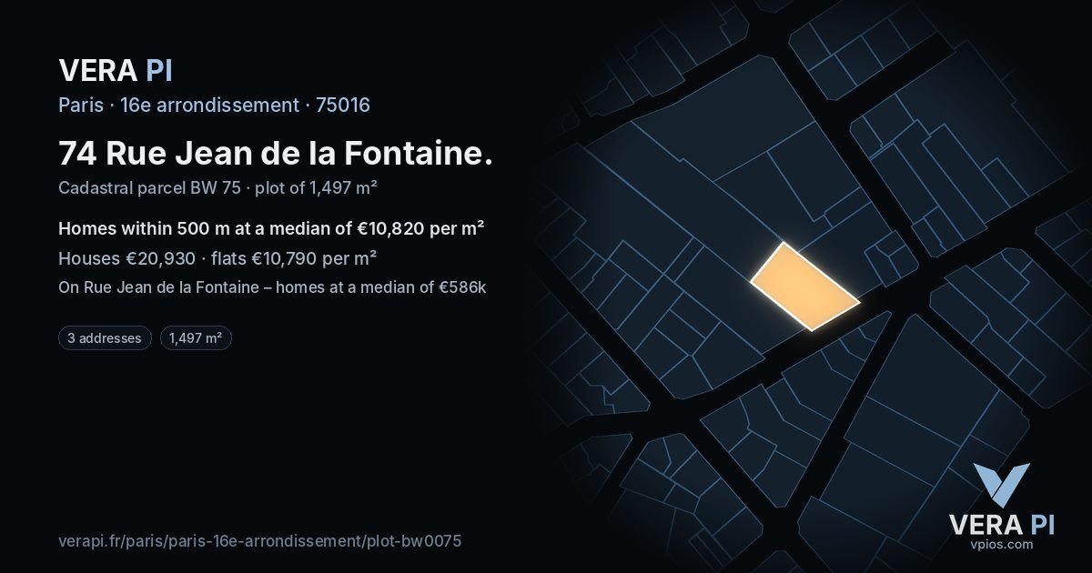 74 Rue Jean de la Fontaine, 16e arrondissement at night – the plot lit, the parcels around coloured by the prices near them