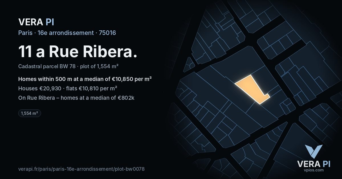 11 a Rue Ribera, 16e arrondissement at night – the plot lit, the parcels around coloured by the prices near them