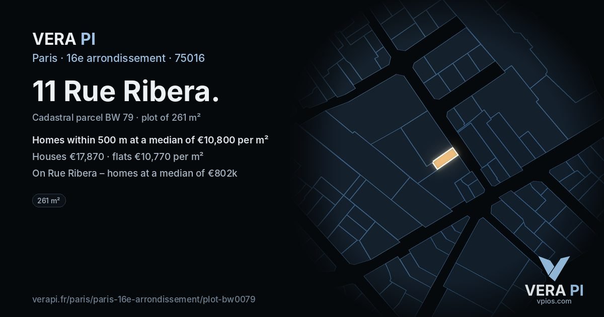 11 Rue Ribera, 16e arrondissement at night – the plot lit, the parcels around coloured by the prices near them